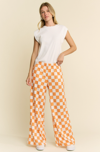 High Waist Checkered Knit Pants in Orange/White