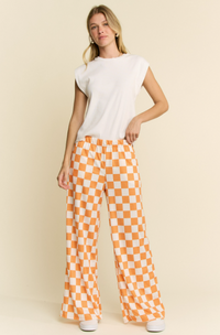 High Waist Checkered Knit Pants in Orange/White