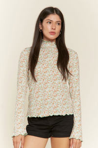 Curvy Floral Print Mock Neck LS Top