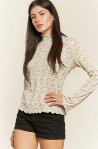Curvy Floral Print Mock Neck LS Top
