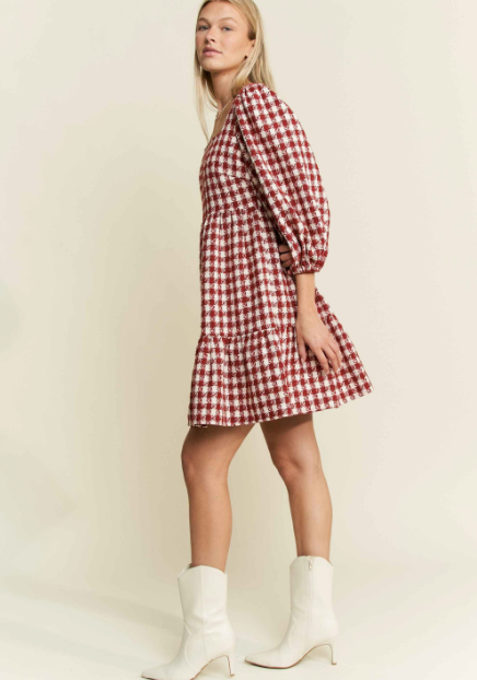 Curvy Tweed Puff Sleeve Mini Dress in Red/White
