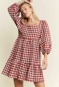 Curvy Tweed Puff Sleeve Mini Dress in Red/White