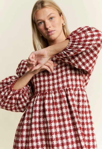 Curvy Tweed Puff Sleeve Mini Dress in Red/White