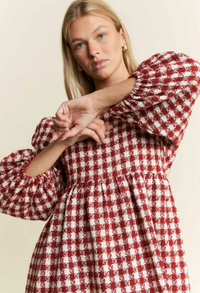 Curvy Tweed Puff Sleeve Mini Dress in Red/White