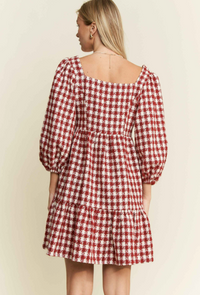 Curvy Tweed Puff Sleeve Mini Dress in Red/White