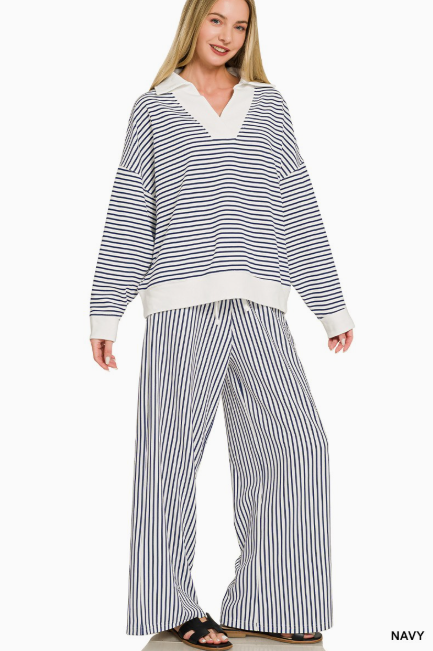 Striped Split Neck Collared Set- 2 Colors!