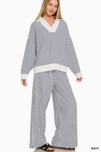 Striped Split Neck Collared Set- 2 Colors!