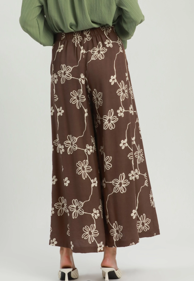 Floral Print Wide Leg Pant in Brown