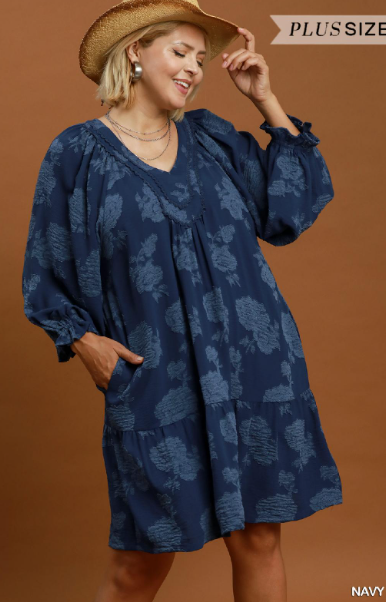 Ruffle Sleeve Dress W/ Scallop Lace Detail in Navy
