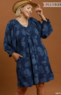 Ruffle Sleeve Dress W/ Scallop Lace Detail in Navy