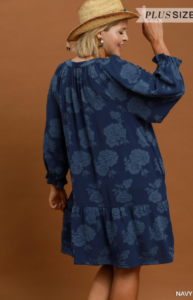 Ruffle Sleeve Dress W/ Scallop Lace Detail in Navy