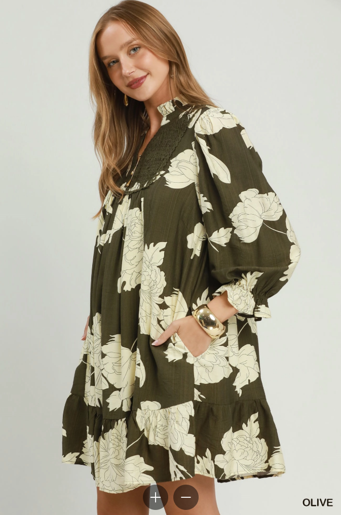 Frilled Mandarin Collared Puff Sleeve Dress in Olive