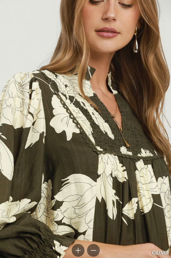 Frilled Mandarin Collared Puff Sleeve Dress in Olive