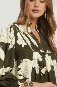 Frilled Mandarin Collared Puff Sleeve Dress in Olive