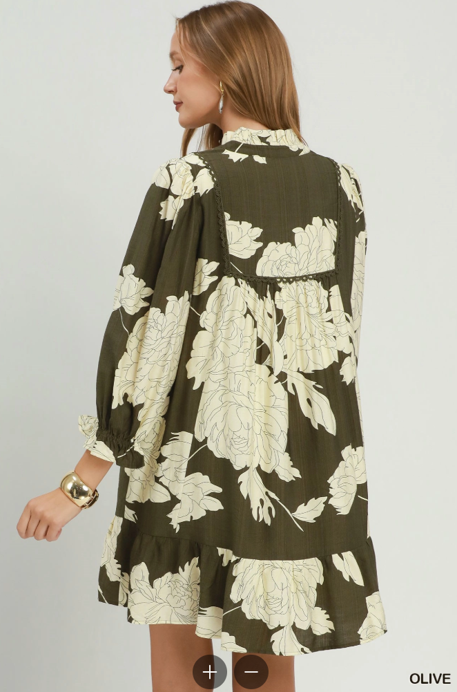 Frilled Mandarin Collared Puff Sleeve Dress in Olive