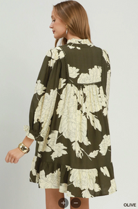 Frilled Mandarin Collared Puff Sleeve Dress in Olive