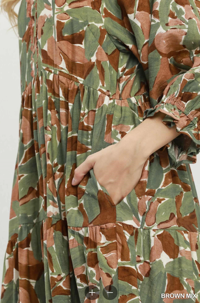 Mix Abstract Print Boho Dress in Brown Mix
