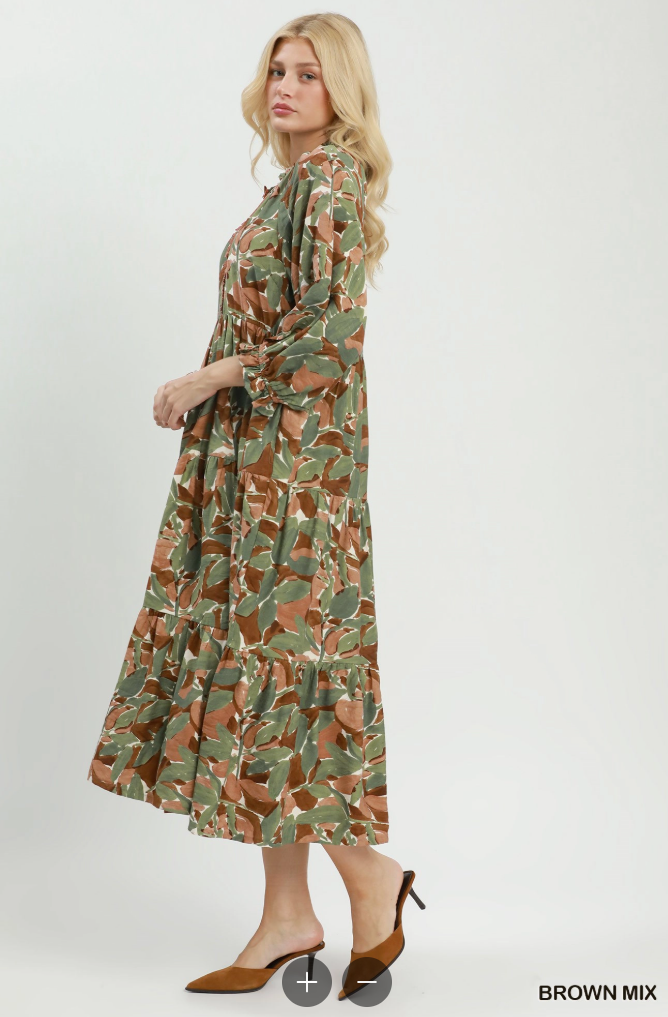 Mix Abstract Print Boho Dress in Brown Mix