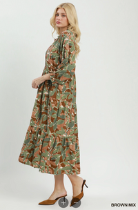 Mix Abstract Print Boho Dress in Brown Mix