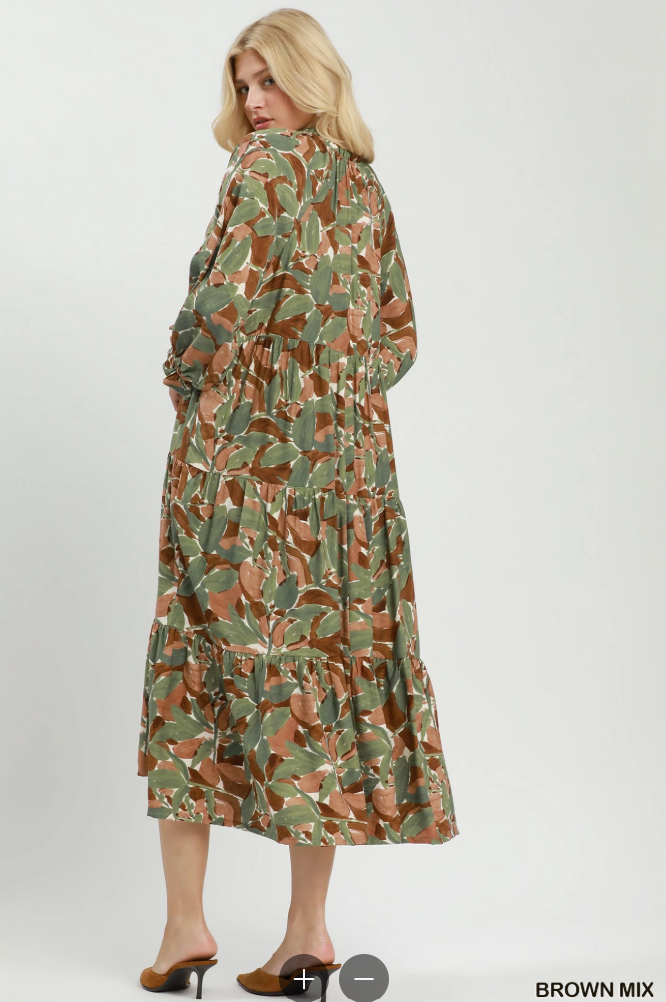 Mix Abstract Print Boho Dress in Brown Mix