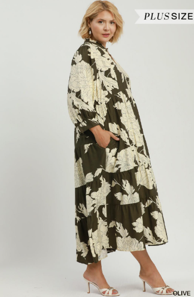 Curvy Printed Tiered Midi Dress in Olive