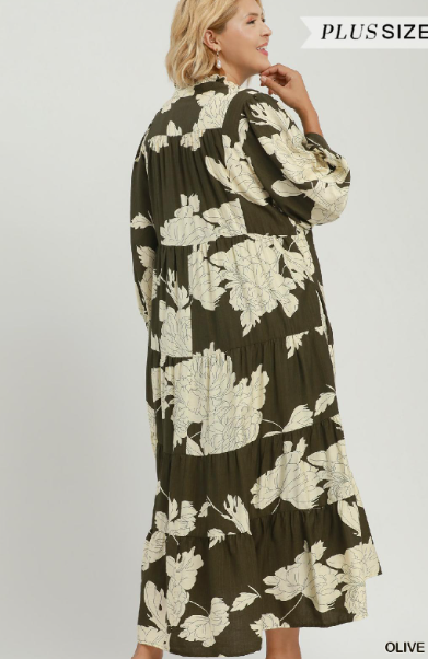 Curvy Printed Tiered Midi Dress in Olive