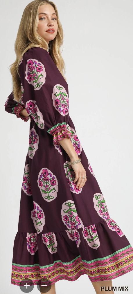 Flower Patch Border Print Dress in Plum Mix