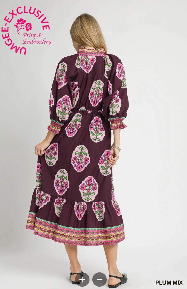 Flower Patch Border Print Dress in Plum Mix