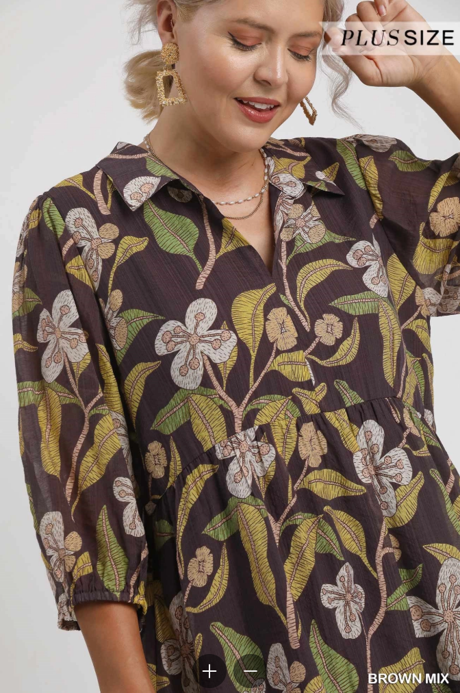 Curvy Floral Abstract Print Midi Dress in Brown Mix