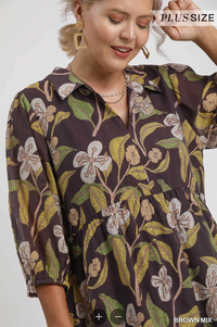 Curvy Floral Abstract Print Midi Dress in Brown Mix