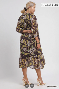 Curvy Floral Abstract Print Midi Dress in Brown Mix