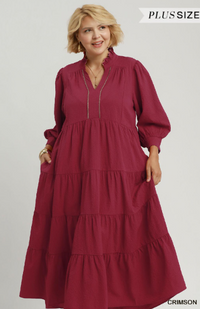 Seersucker Tiered Midi Dress in Crimson