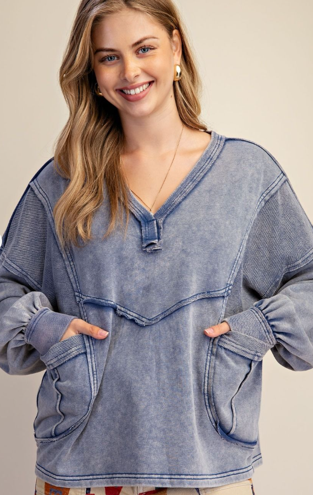 LS Washed V-Neck Top in Denim