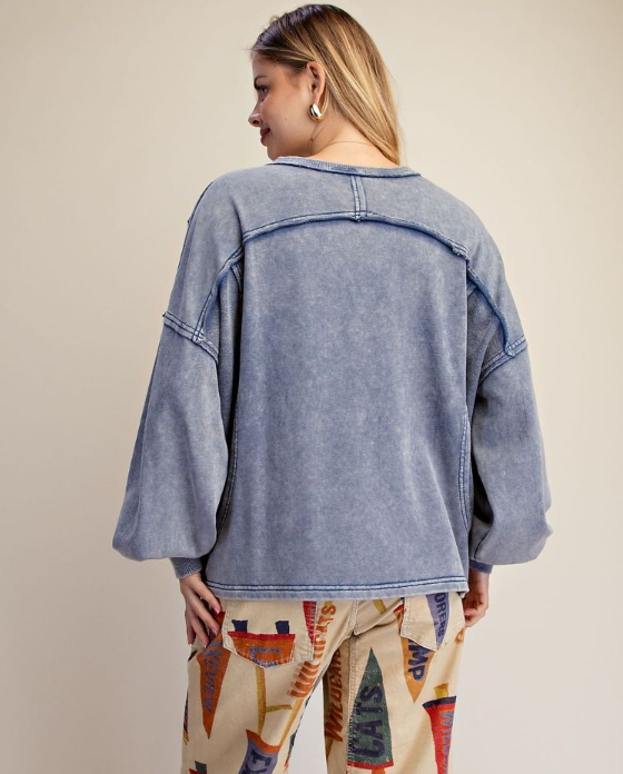 LS Washed V-Neck Top in Denim