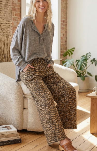 Leopard Wide Leg Terry Pants in Brown