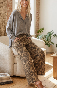 Leopard Wide Leg Terry Pants in Brown