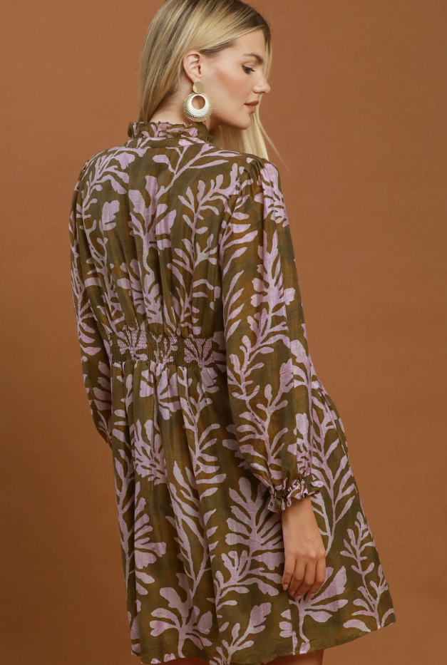 Mix Botanical Print Button Front Dress Olive Mix