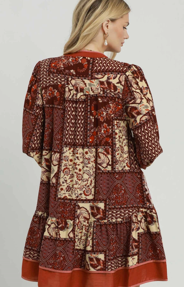 Mix Patchwork Print Tiered LS Dress - 2 Colors!