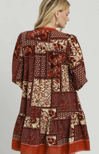 Mix Patchwork Print Tiered LS Dress - 2 Colors!