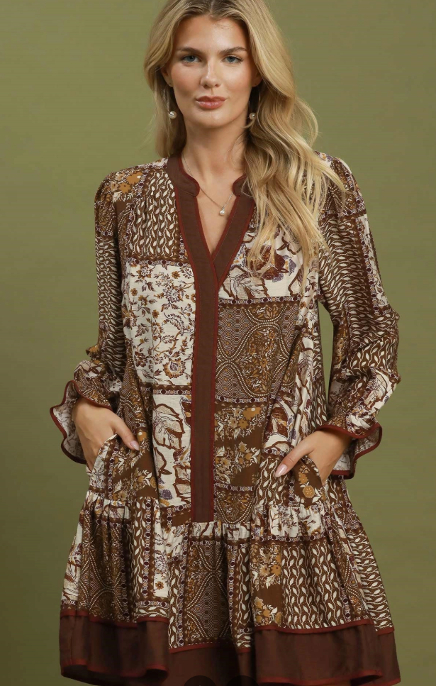 Mix Patchwork Print Tiered LS Dress - 2 Colors!