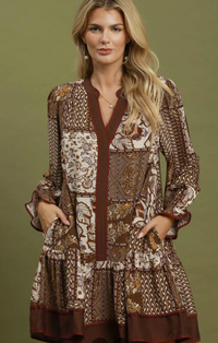 Mix Patchwork Print Tiered LS Dress - 2 Colors!