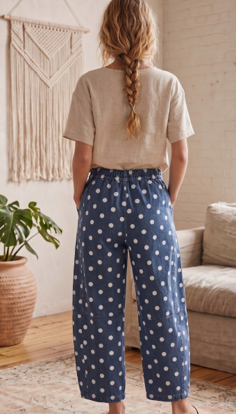 Polka Dot Denim Barrel Pants in Dk Denim