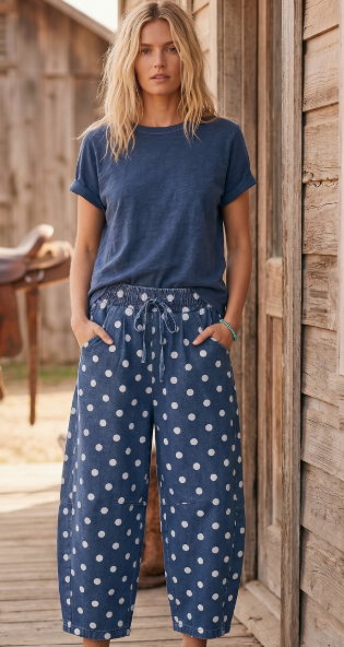 Polka Dot Denim Barrel Pants in Dk Denim