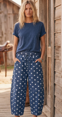 Polka Dot Denim Barrel Pants in Dk Denim