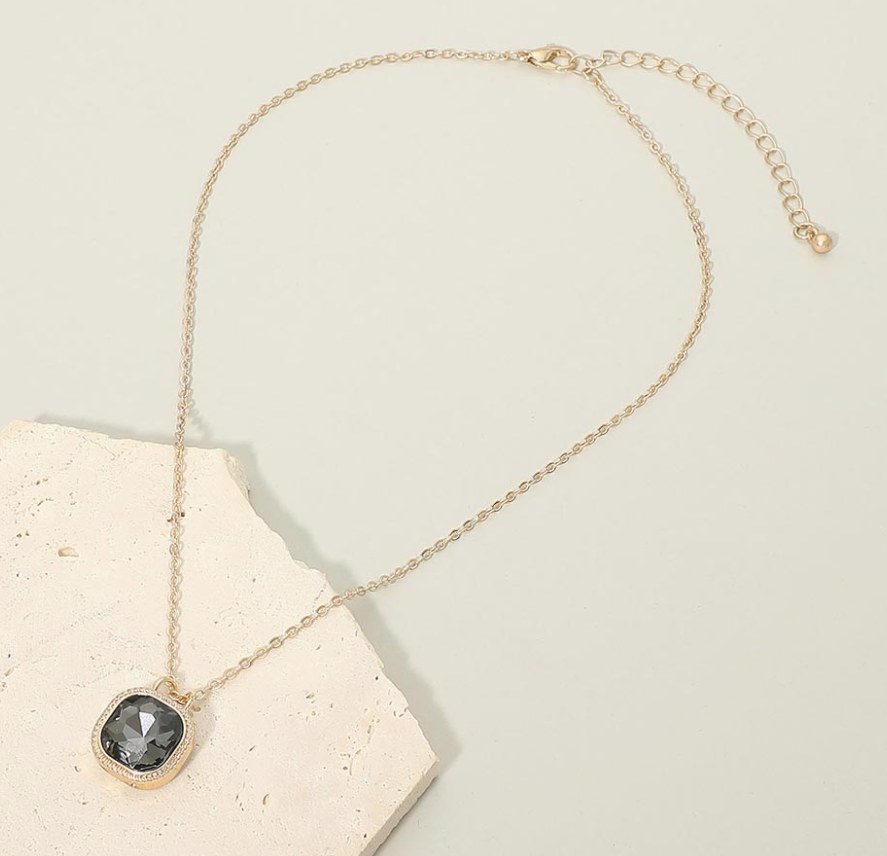 Square Stone Bezel Pendant Necklace - 3 Colors!