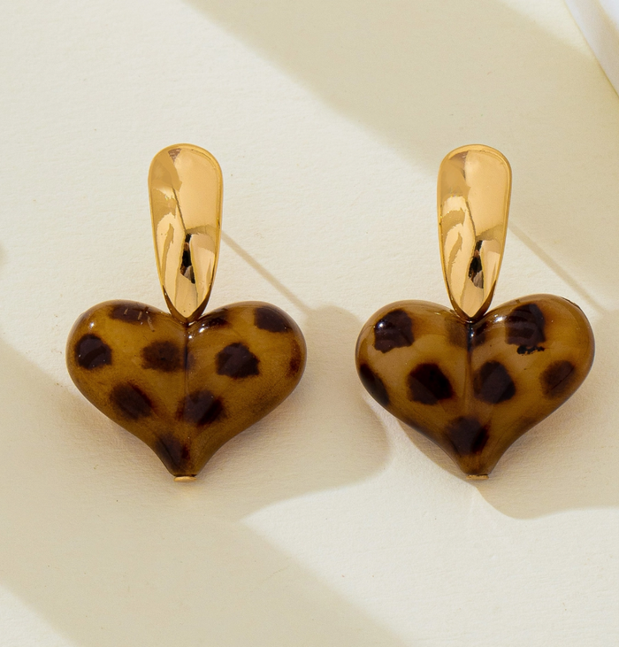 Leopard Resin Heart Drop Earrings