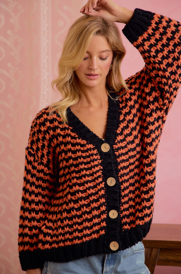 Chunky Knit Cardigan in Orange/Black