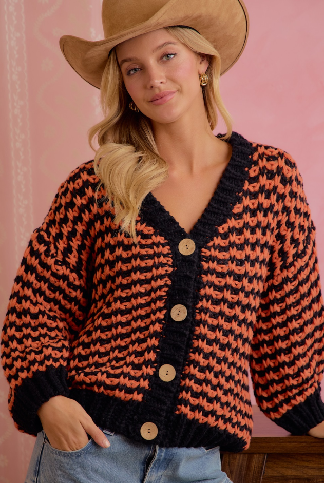 Chunky Knit Cardigan in Orange/Black