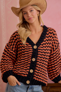 Chunky Knit Cardigan in Orange/Black