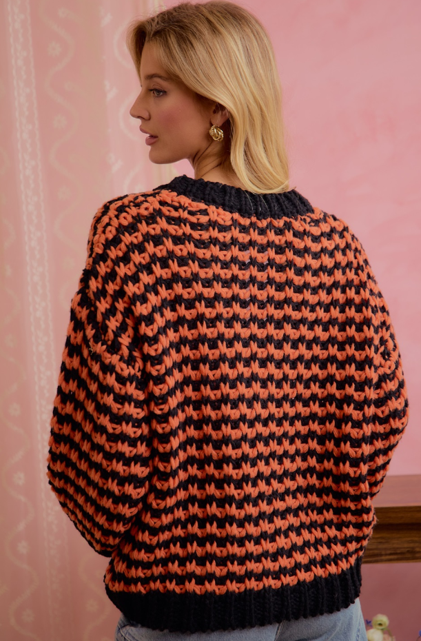 Chunky Knit Cardigan in Orange/Black